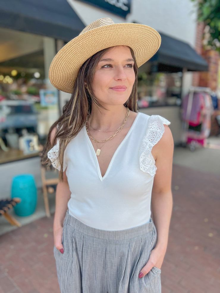 White Ribbed Eyelet Flutter Sleeve Top