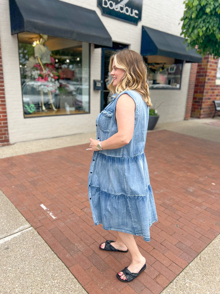 Denim Tiered Sleeveless Collard Dress