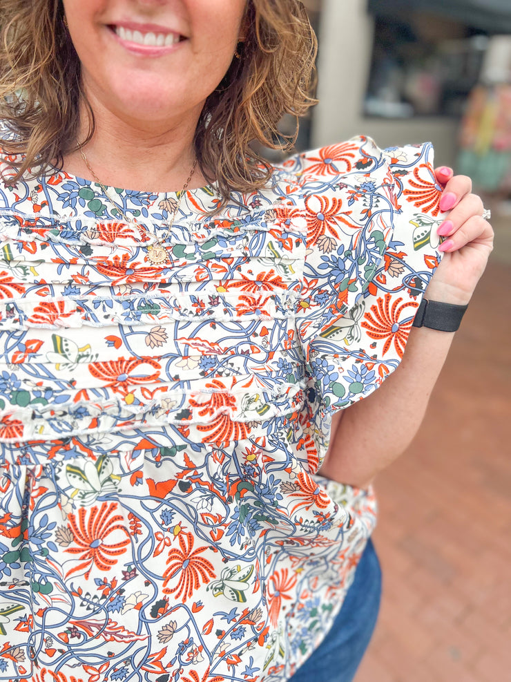 Vintage Floral Flutter Sleeve Blouse