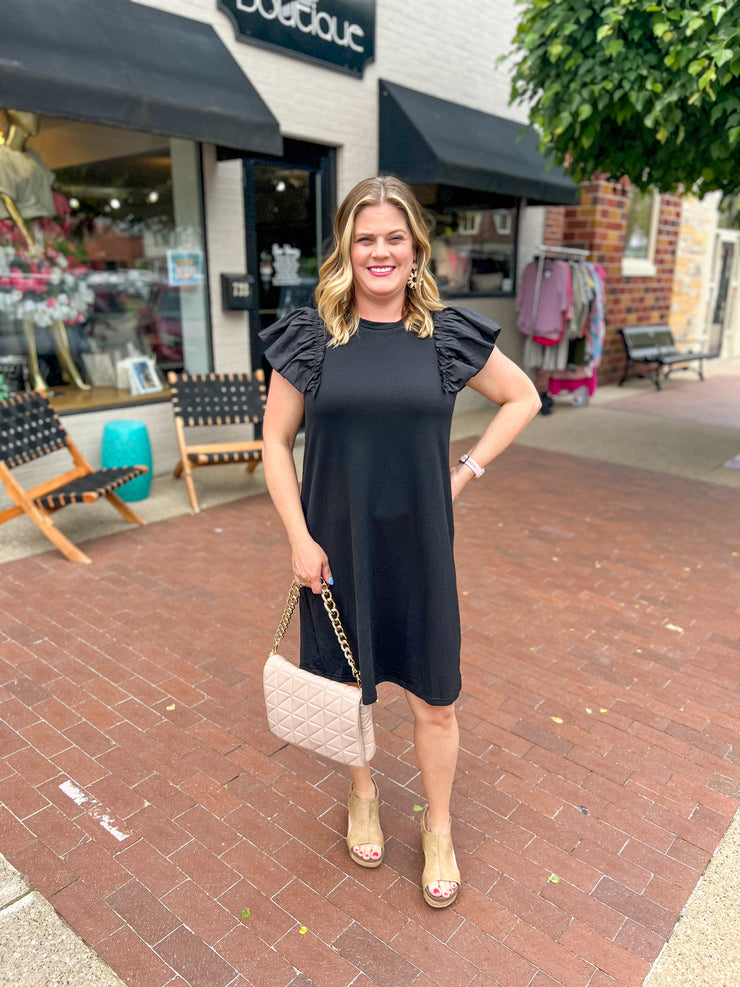 Black Ruffle Sleeve Shift Dress