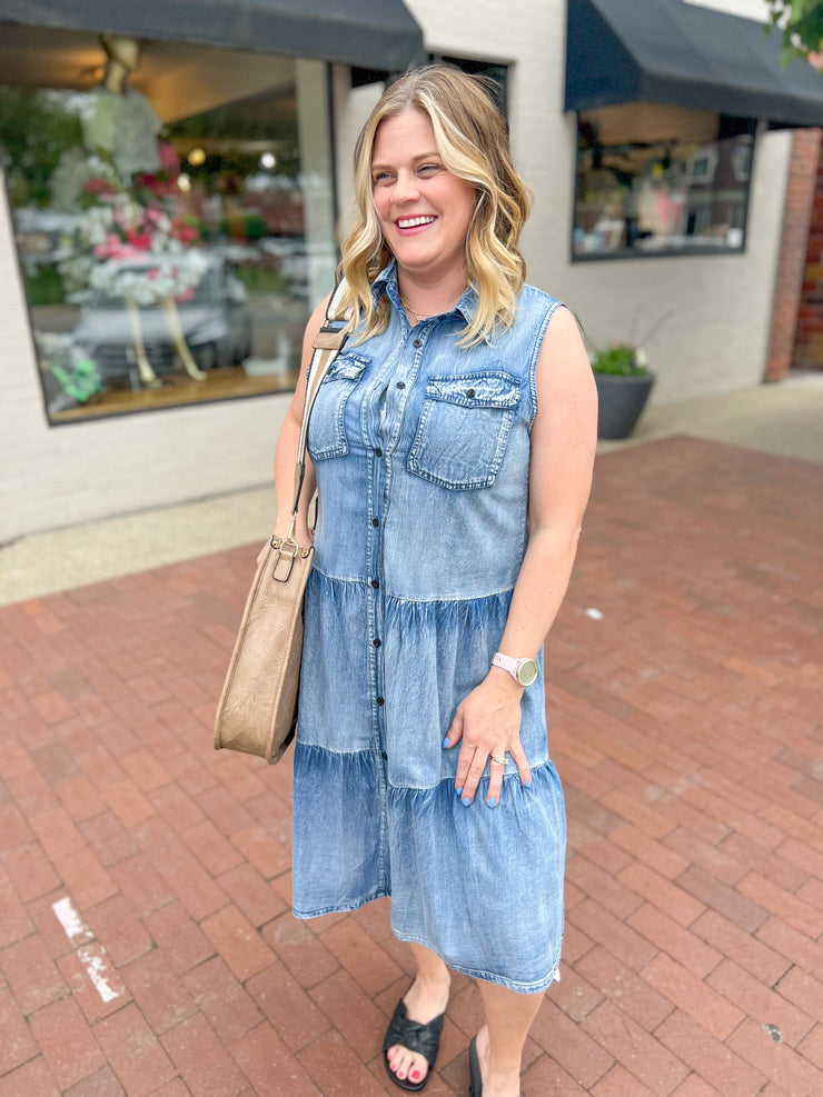 Denim Tiered Sleeveless Collard Dress
