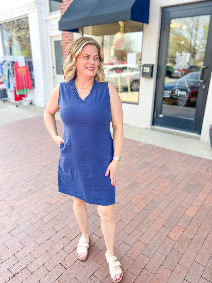 Navy Tencel Raw Hem Sleeveless Dress