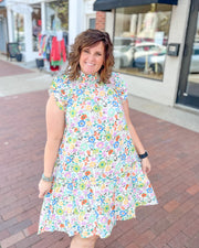 High Neck Ruffle Poplin Floral Dress
