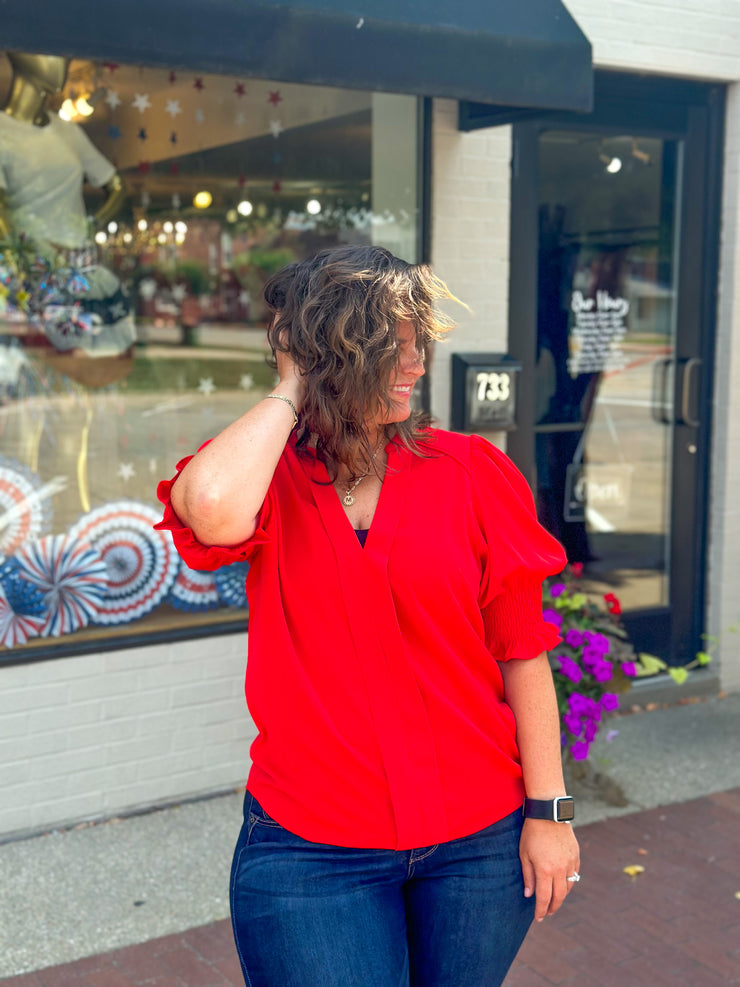 Red Smocked Arm Blouse