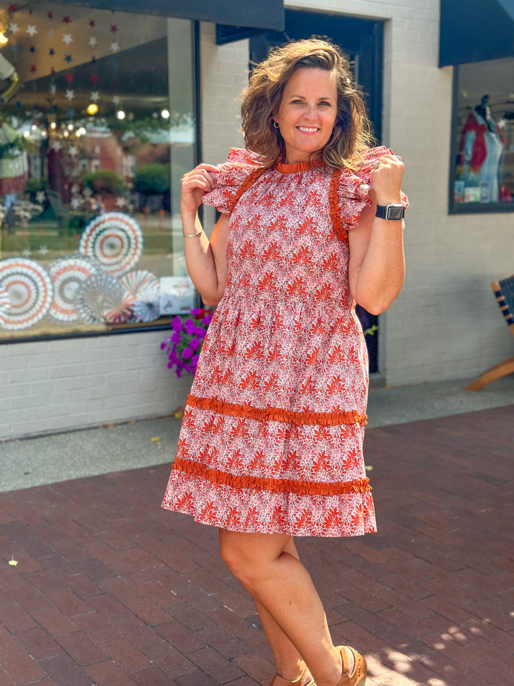 Rust Floral Ruffle Poplin Dress