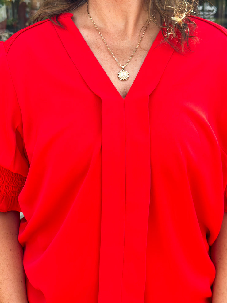 Red Smocked Arm Blouse
