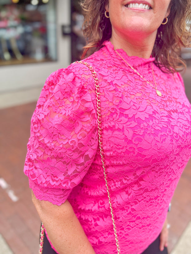 Pink High Neck Lace Blouse