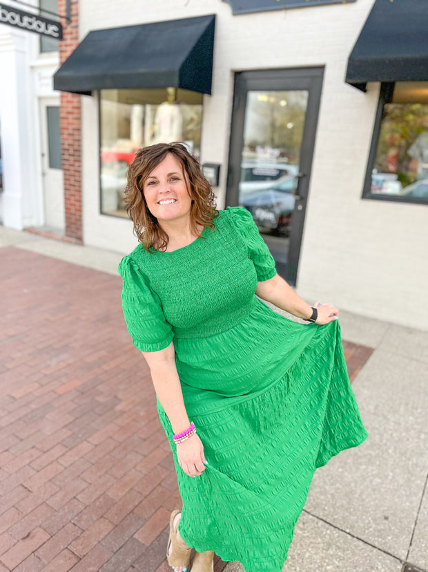 Kelly Green Textured Woven Midi Dress
