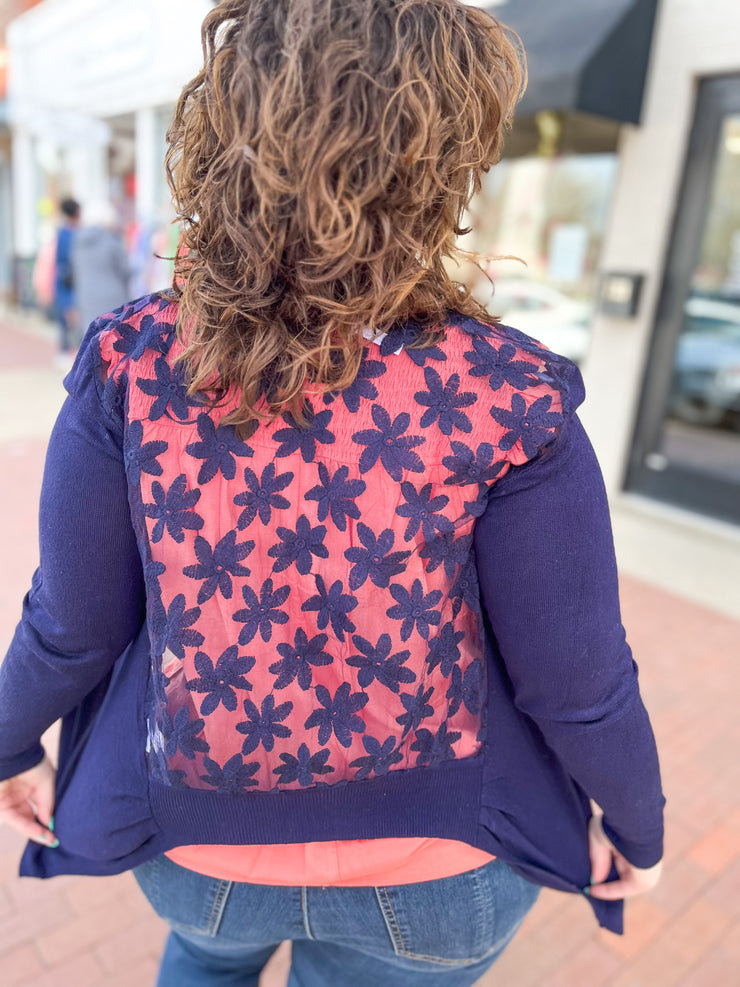 Navy Flower Lace Back Shrug