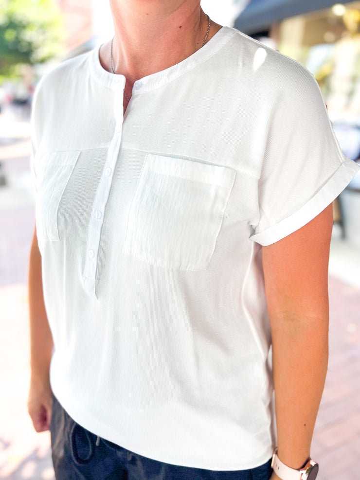 Ivory Ribbed Button Pocket Top