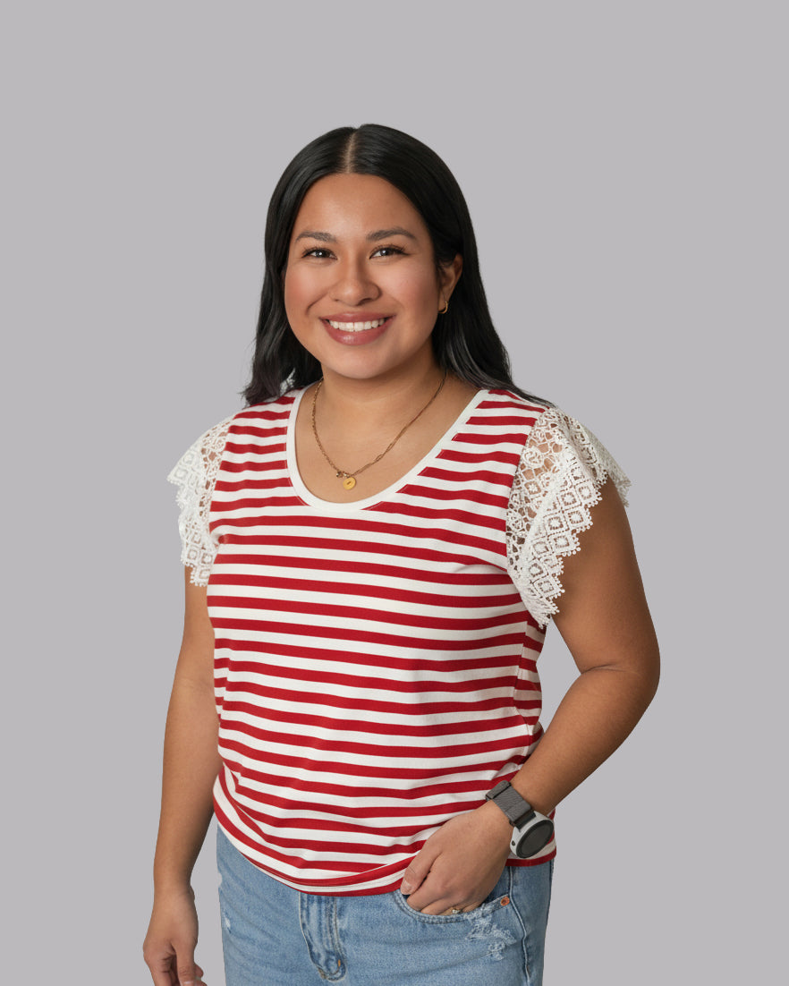Short Sleeve Striped Shirt w/ Lace Sleeve Detail