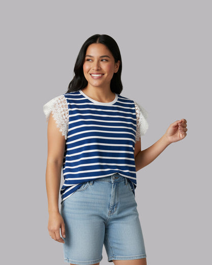 Short Sleeve Striped Shirt w/ Lace Sleeve Detail