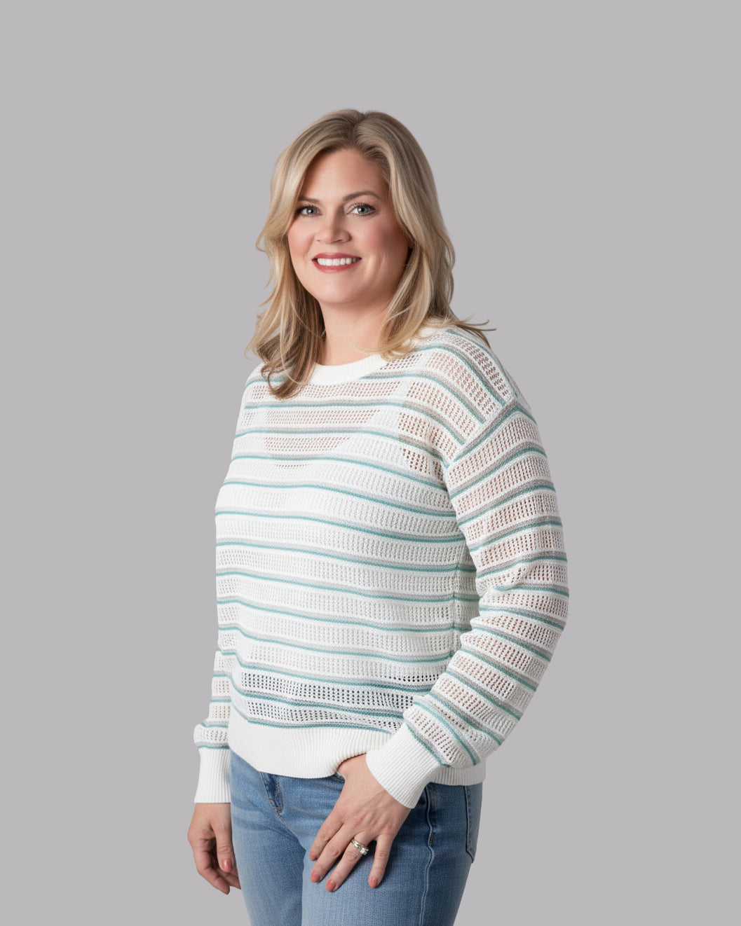 Long Sleeve Pointelle Weave Striped Sweater