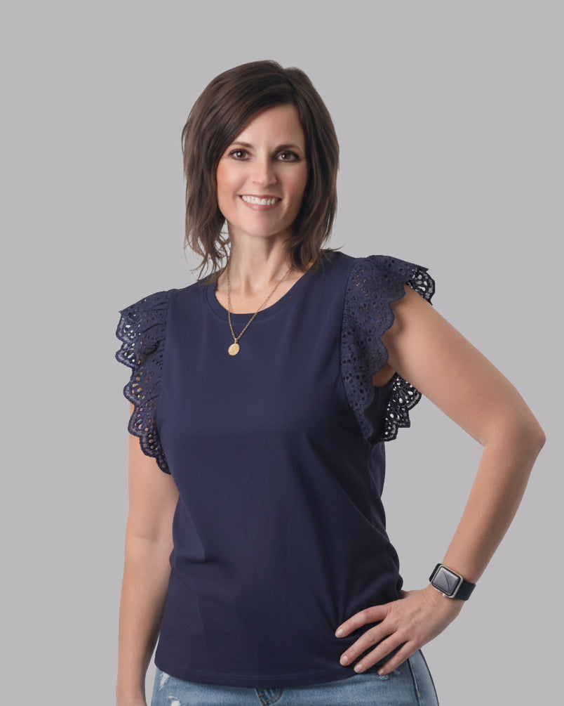 Eyelet Ruffle Sleeve Cap Sleeve Top