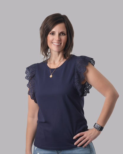 Eyelet Ruffle Sleeve Cap Sleeve Top