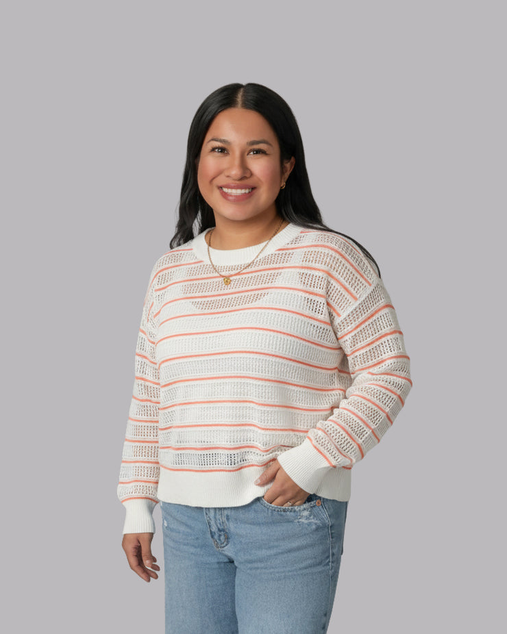 Long Sleeve Pointelle Weave Striped Sweater