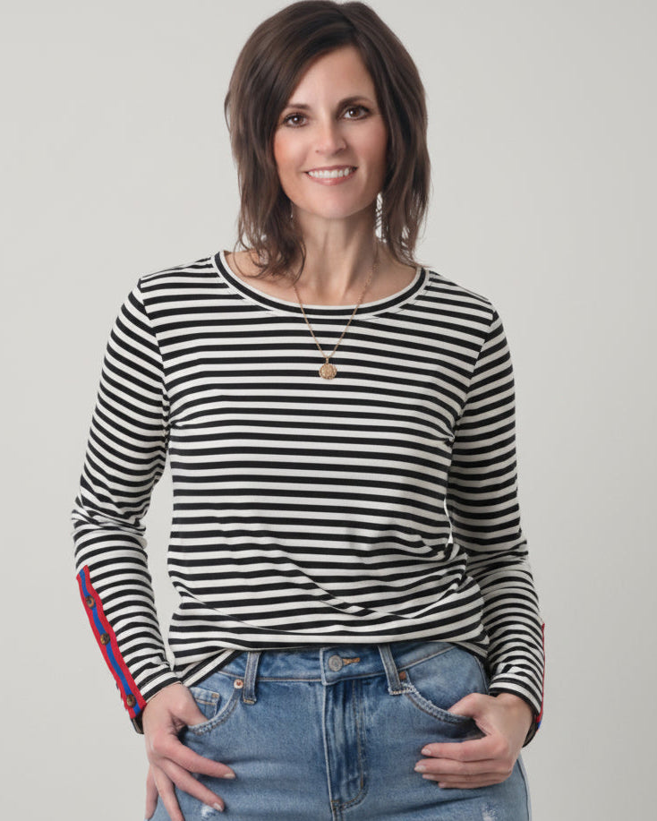 Striped Long Sleeve Top w/ Color Tape Sleeve Detail