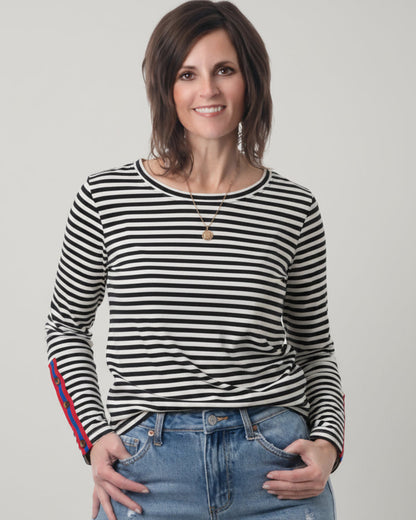 Striped Long Sleeve Top w/ Color Tape Sleeve Detail