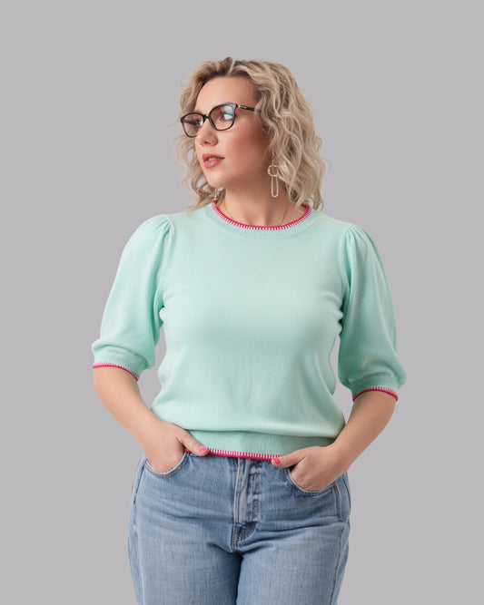 Pop of Color Blanket Stitch Puff Sleeve Top