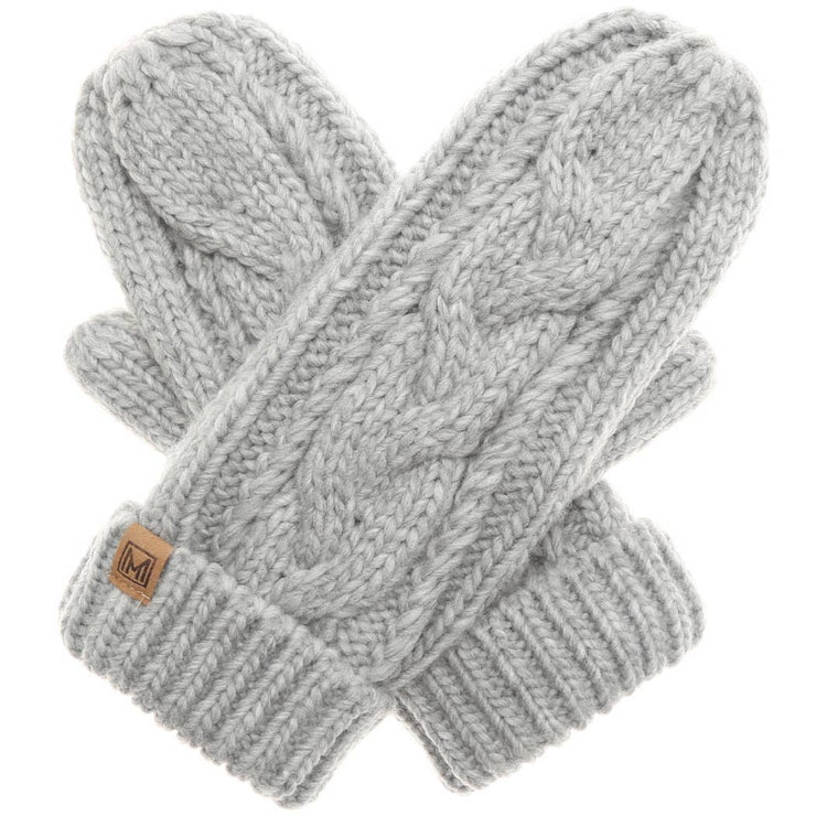 Grey Fleece Lines Cable Knit Mittens