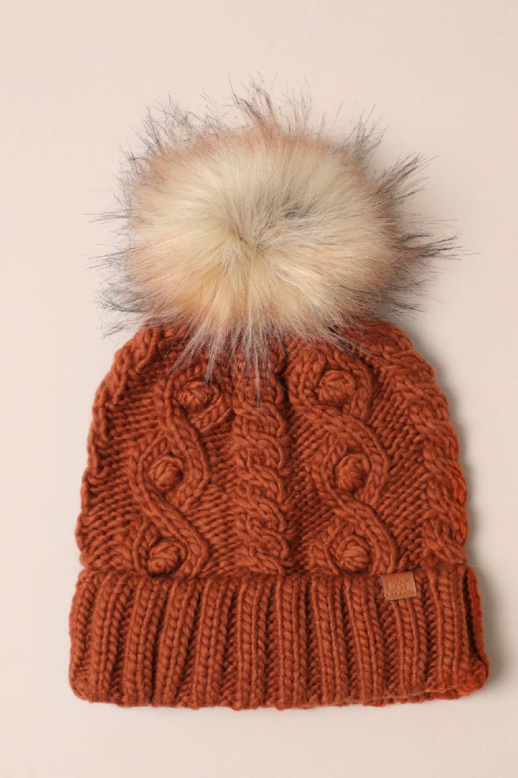 Brown Pom Pom Popcorn Knit Beanie