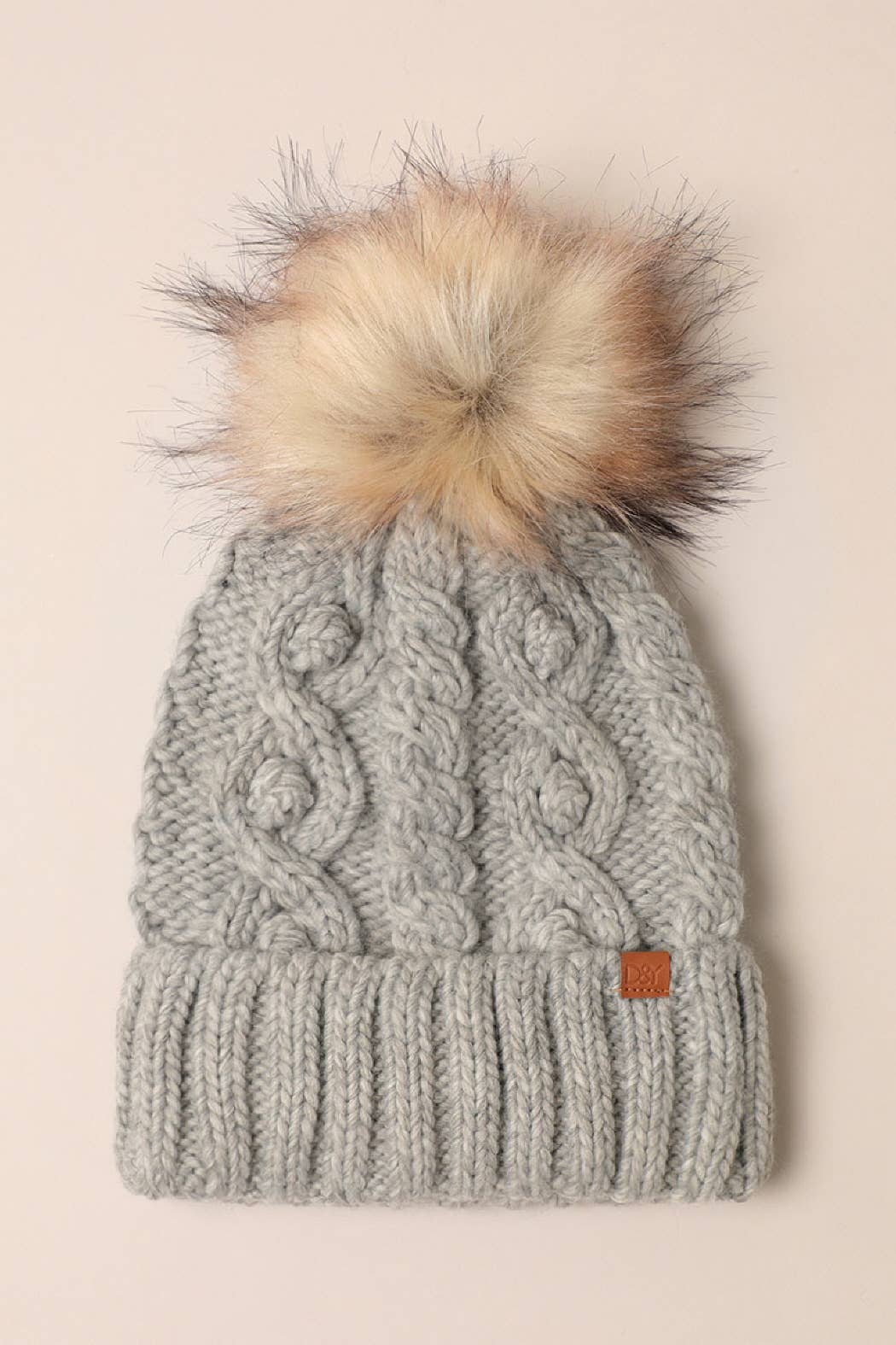 Grey Pom Pom Popcorn Knit Beanie