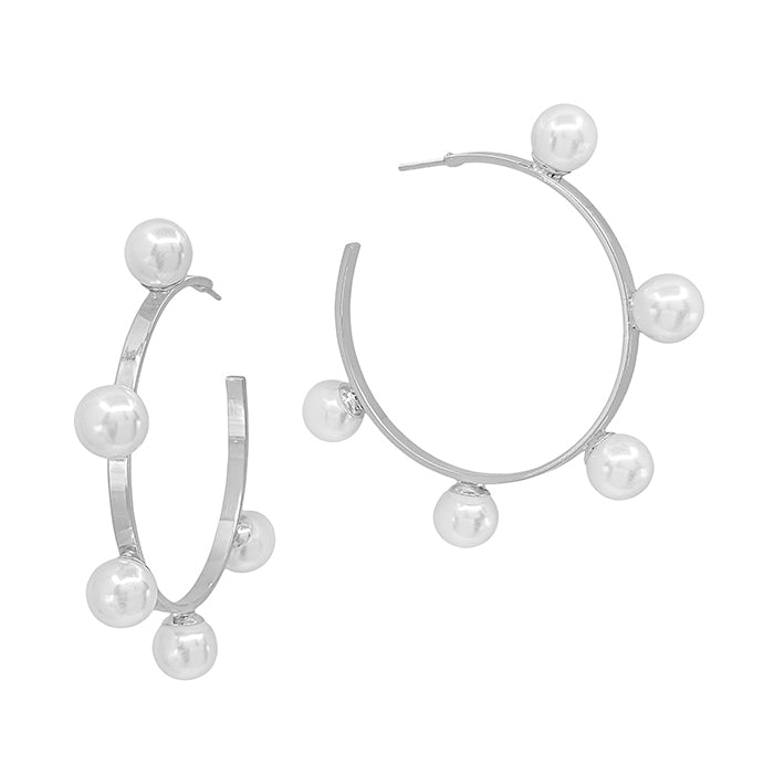 Silver Pearl Accent Hoop Earrings