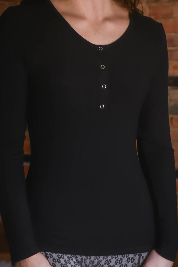 Black Snap Ribbed Top S-2X