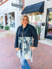 Green Floral Lace Contrast Black Denim Jacket