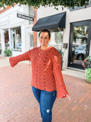 Rust Crochet Knit Bell Sleeve Sweater