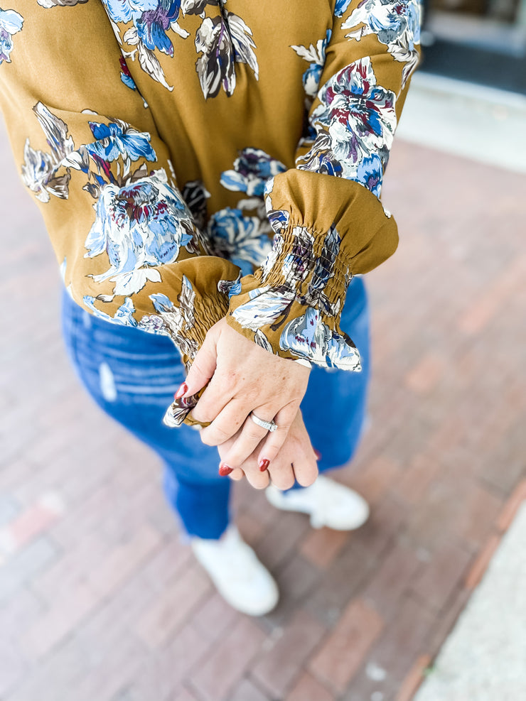 Mustard Floral Cinched Sleeve Blouse