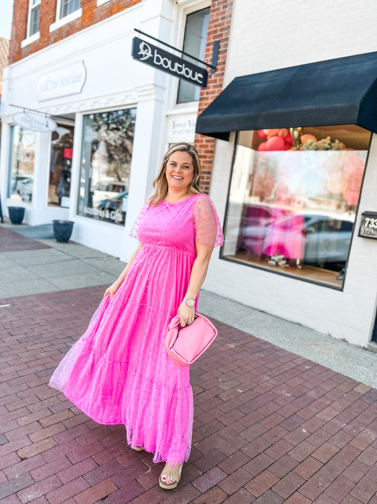 Bubble Gum Pink Swiss Dot Maxi Dress