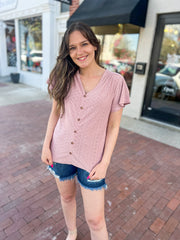 Dusty Mauve Eyelet Flutter Sleeve Top
