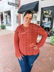Rust Crochet Knit Bell Sleeve Sweater