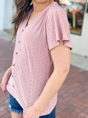 Dusty Mauve Eyelet Flutter Sleeve Top