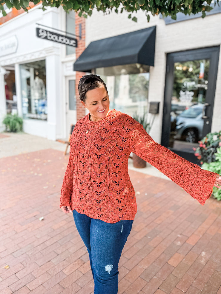 Rust Crochet Knit Bell Sleeve Sweater