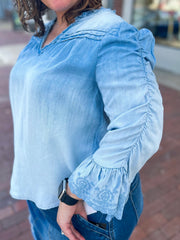 Chambray Embroidered Scallop Sleeve Blouse
