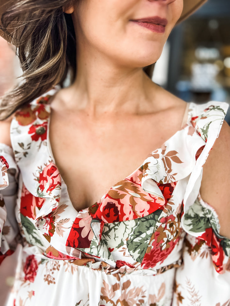 Red Floral Ruffle Detail Midi Dress