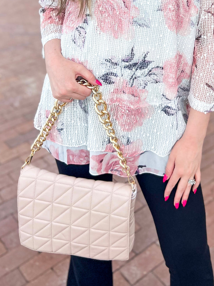 Natural Quilted Chunky Gold Chain Handbag