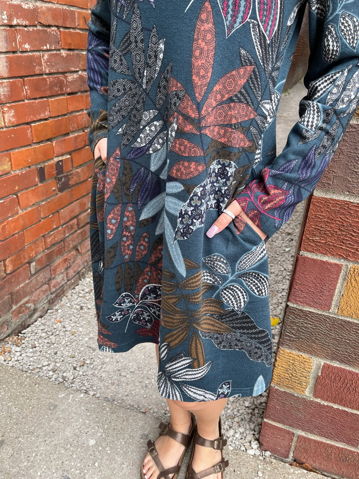 Teal Floral A-Line Sweater Dress