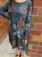 Teal Floral A-Line Sweater Dress