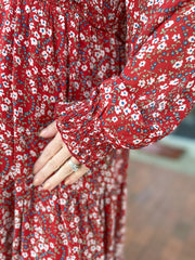 Red Floral Smocked Tiered Maxi Dress