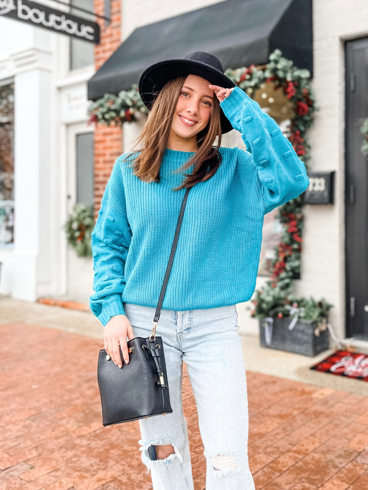 Teal Bubble Texture Sleeve Sweater