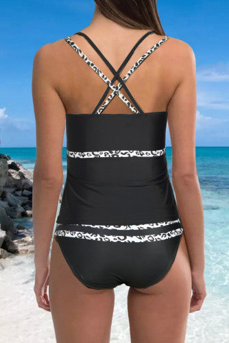 Black Leopard Stripe Tankini Swimsuit