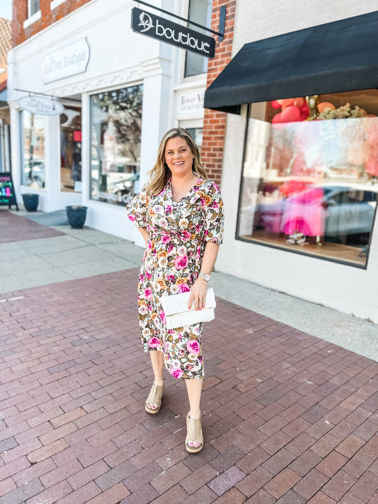 Ivory Floral Flare Sleeve Midi Dress