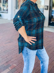 Navy Plaid Brushed Knit Top